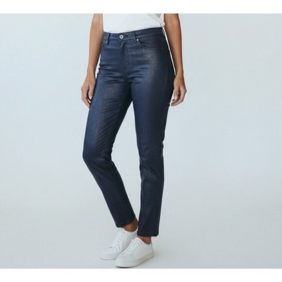 Chicos Metallic Faux Suede Navy Pull On Slim Pants Size 0.5 (Fits 6) - Picture 2 of 16